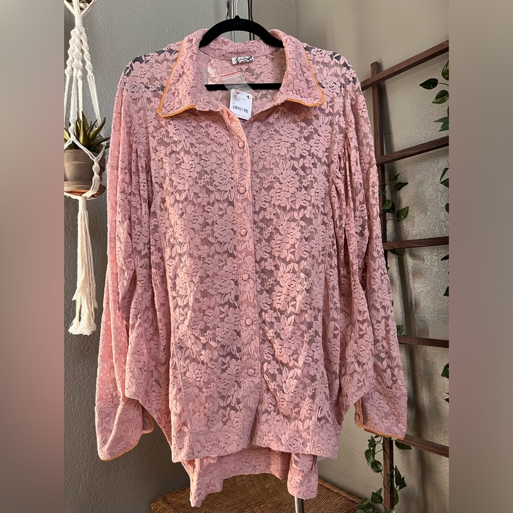 ▪️Free People Intimately Free All Day Floral Lace House Shirt Pink  M - Picture 8 of 16
